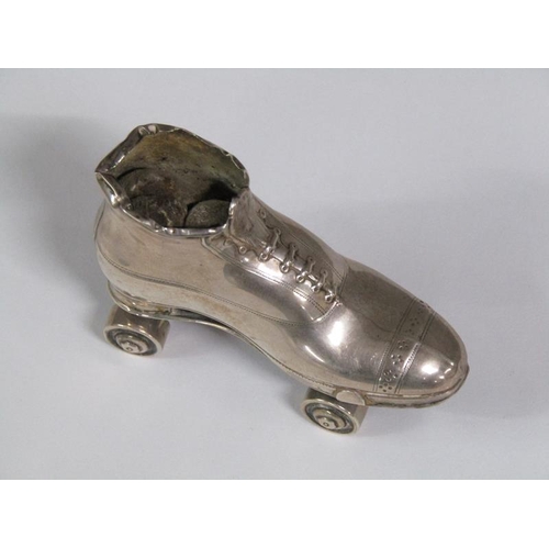 154 - An Edwardian silver roller boot pin cushion (pin cushion missing), Birmingham 1909, 7cm h.