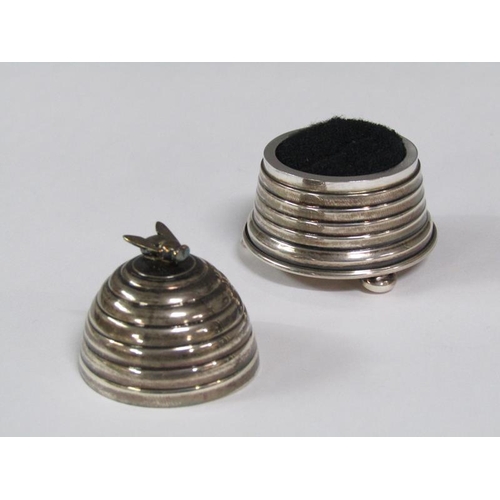 155 - A silver beehive ring box with a bee finial, supported on three ball feet, London 1970/80, 5cm h.