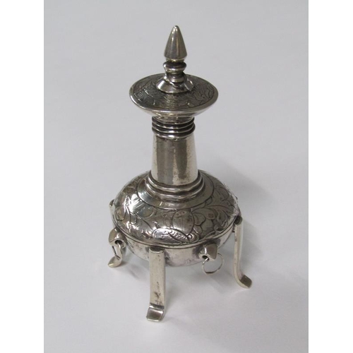 156 - An Islamic silver sprinkler of engraved bulbous form with a slender neck and lift out stopper, suppo... 