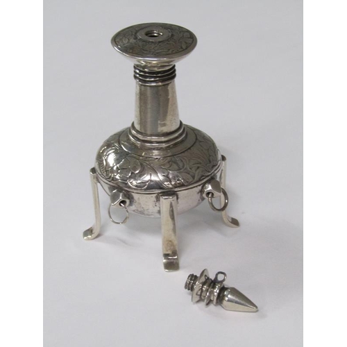 156 - An Islamic silver sprinkler of engraved bulbous form with a slender neck and lift out stopper, suppo... 