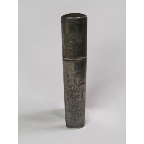 162 - A late Georgian silver needle case, engraved with flowers and vases, having a lift off cover, c.1800... 