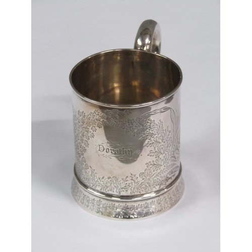 174 - A late Victorian christening tankard named 'Dorothy' and incised with leaf and flowers, London 1885,... 