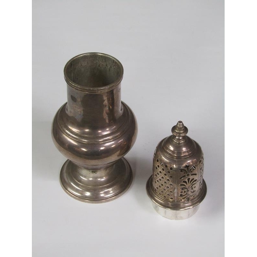 183 - A George II silver sugar caster of baluster form with a pierced dome funnel and urn finial, London 1... 