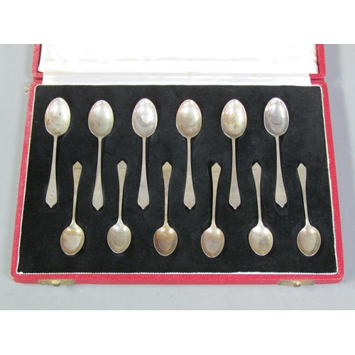 186 - A boxed set of six silver teaspoons and six coffee spoons, representing silver hall marks, Chester 1... 