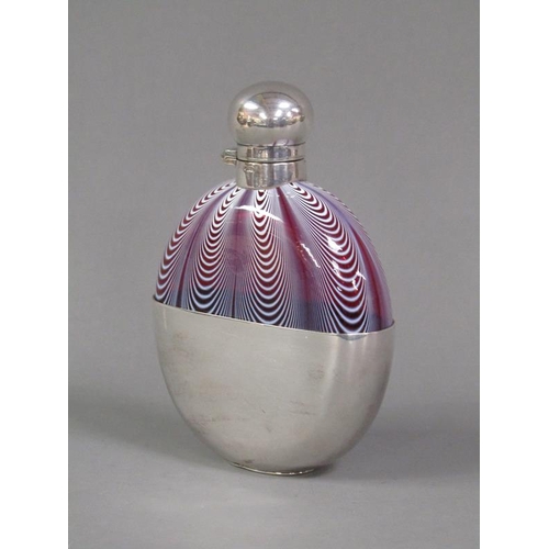 208 - An early 20c Nailsea glass pocket flask with a silver plated hinged domed cover and pull off base to... 