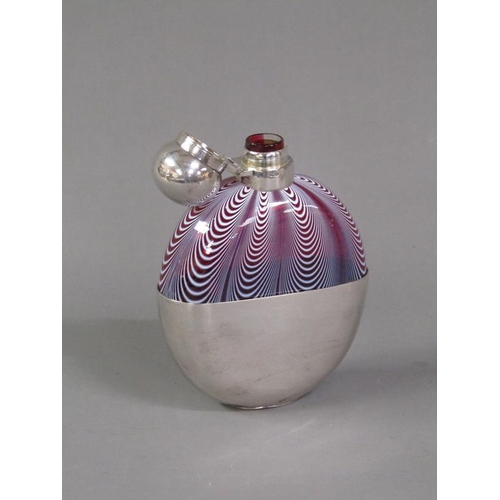 208 - An early 20c Nailsea glass pocket flask with a silver plated hinged domed cover and pull off base to... 