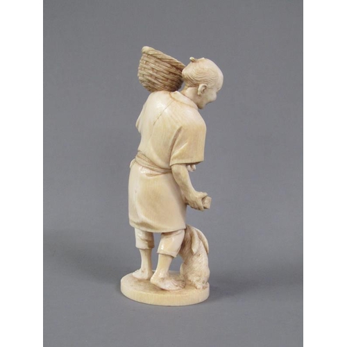 82 - A Japanese Meiji period ivory figure group of a rabbit keeper, base with incised signature, 17cm h.