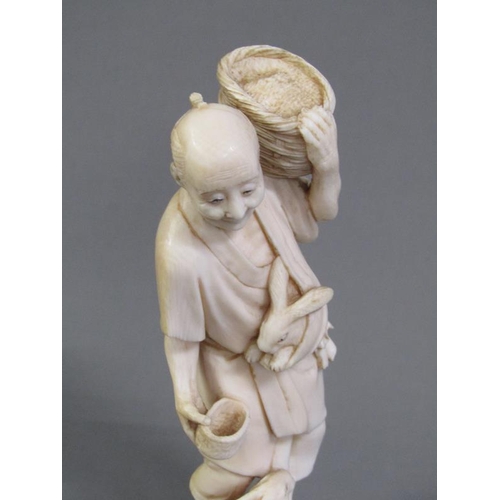 82 - A Japanese Meiji period ivory figure group of a rabbit keeper, base with incised signature, 17cm h.