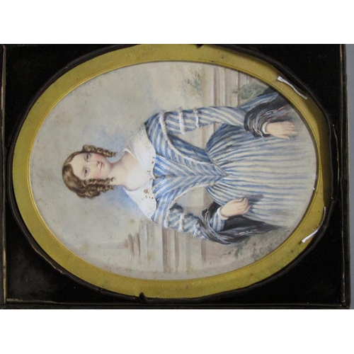 87 - Unsigned - An early 19c portrait of a lady, oval framed and glazed, in a velvet lined folding box, 1... 