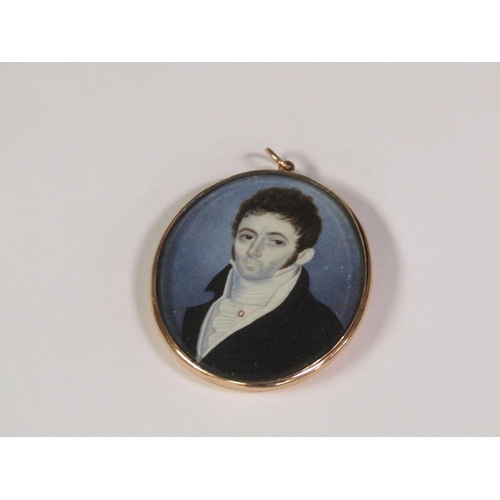 90 - Godelet? - an early 19c oval framed portrait miniature of a gentleman in gilt metal frame. the backi... 