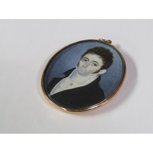 90 - Godelet? - an early 19c oval framed portrait miniature of a gentleman in gilt metal frame. the backi... 