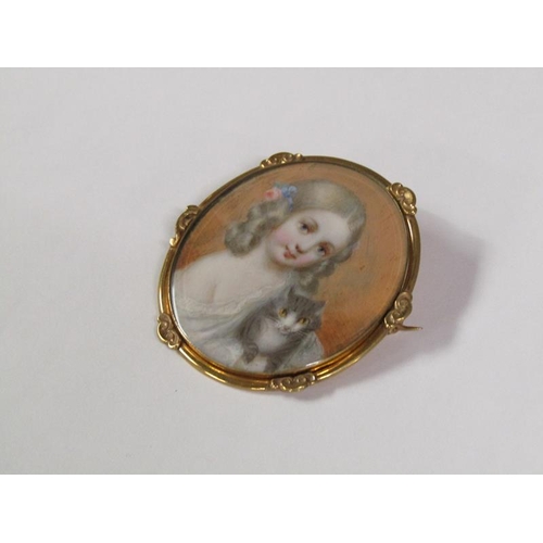 91 - A 19c framed oval portrait miniature of a young lady with her cat, in gilt frame, 5.5cm x 4.5cm.