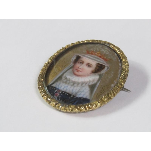 93 - A late 18c/early 19c memoriam oval portrait of a lady, with coronet over a French hood with ruff and... 