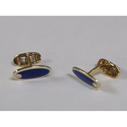 104 - A pair of Faberge 18ct gold enamel and diamond solitaire set cufflinks, 15.3g, in Faberge wooden box... 