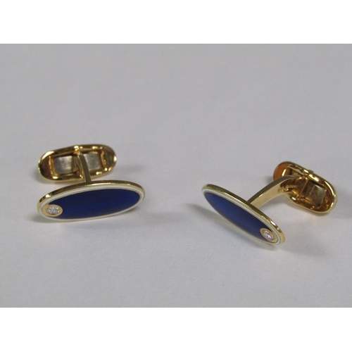 104 - A pair of Faberge 18ct gold enamel and diamond solitaire set cufflinks, 15.3g, in Faberge wooden box... 