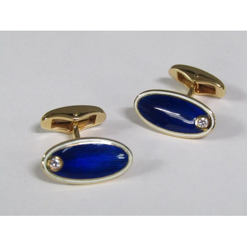 104 - A pair of Faberge 18ct gold enamel and diamond solitaire set cufflinks, 15.3g, in Faberge wooden box... 