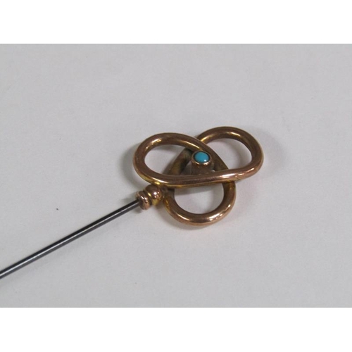 113 - Two late 19c/early 20c hat pins with gold swirling terminals, one set with a turquoise, the other se... 