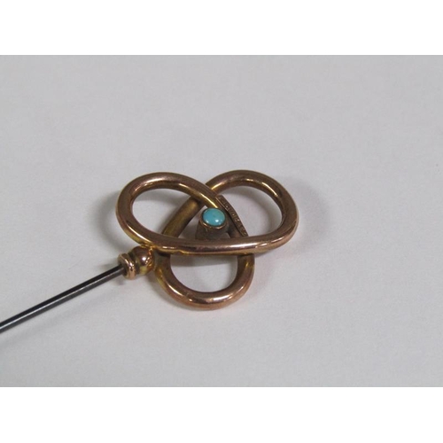 113 - Two late 19c/early 20c hat pins with gold swirling terminals, one set with a turquoise, the other se... 