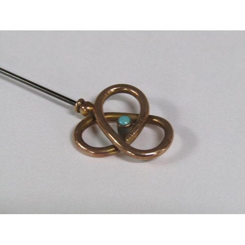 113 - Two late 19c/early 20c hat pins with gold swirling terminals, one set with a turquoise, the other se... 