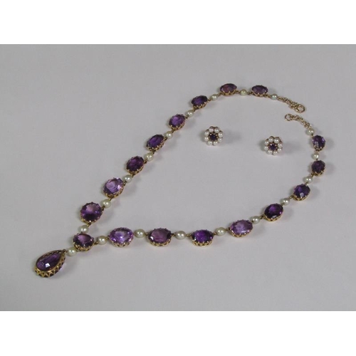 126 - A gold cut amethyst and pearl necklace, together with a pair of matching earrings, necklace 38cm l.