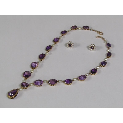 126 - A gold cut amethyst and pearl necklace, together with a pair of matching earrings, necklace 38cm l.