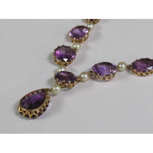 126 - A gold cut amethyst and pearl necklace, together with a pair of matching earrings, necklace 38cm l.