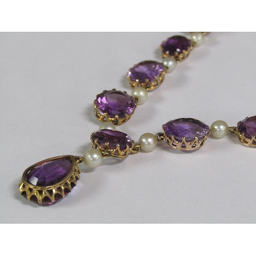 126 - A gold cut amethyst and pearl necklace, together with a pair of matching earrings, necklace 38cm l.