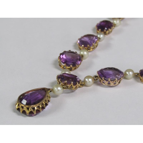 126 - A gold cut amethyst and pearl necklace, together with a pair of matching earrings, necklace 38cm l.