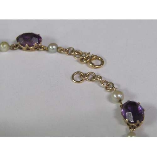 126 - A gold cut amethyst and pearl necklace, together with a pair of matching earrings, necklace 38cm l.