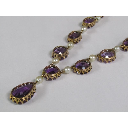 126 - A gold cut amethyst and pearl necklace, together with a pair of matching earrings, necklace 38cm l.