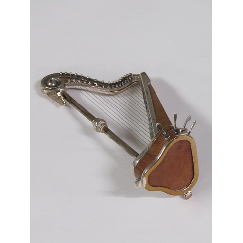 58 - An early 20c miniature model of a harp constructed of wood and white metal, bearing a name plate 'Sa... 