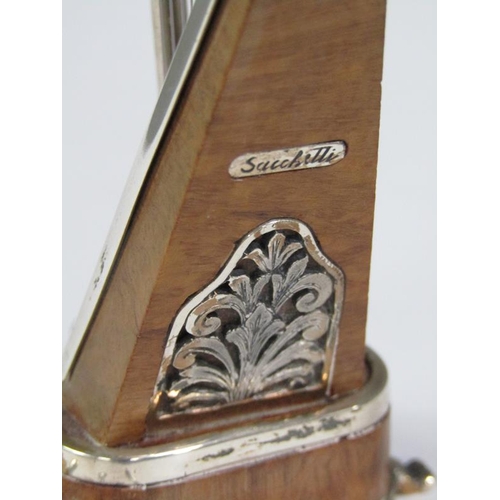 58 - An early 20c miniature model of a harp constructed of wood and white metal, bearing a name plate 'Sa... 