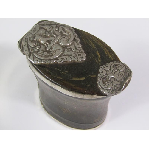 61 - A late 17c horn table snuff box with a hinged cover, cover with embossed and chased mounts, one with... 