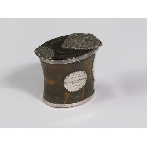 61 - A late 17c horn table snuff box with a hinged cover, cover with embossed and chased mounts, one with... 