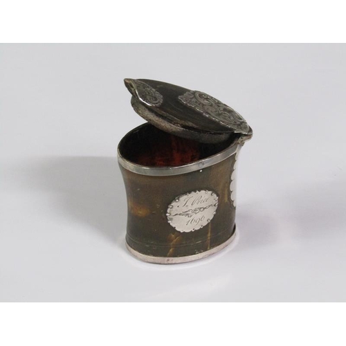 61 - A late 17c horn table snuff box with a hinged cover, cover with embossed and chased mounts, one with... 