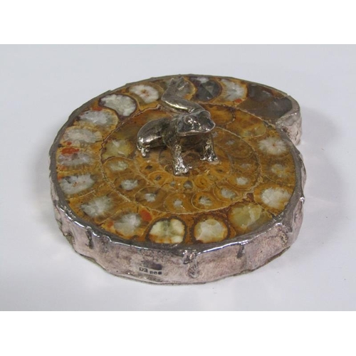 65 - A silver frog on a fossilised stone base, silver mounted with date letters (rubbed), 8cm w.