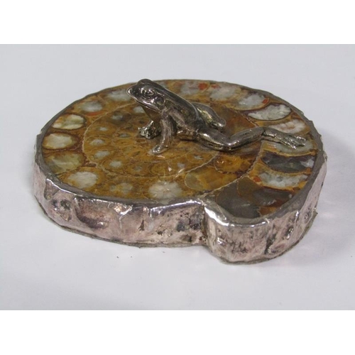 65 - A silver frog on a fossilised stone base, silver mounted with date letters (rubbed), 8cm w.