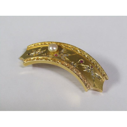 132 - An 18ct gold curved brooch incised with three birds decorated with diamond and ruby and mounted by a... 