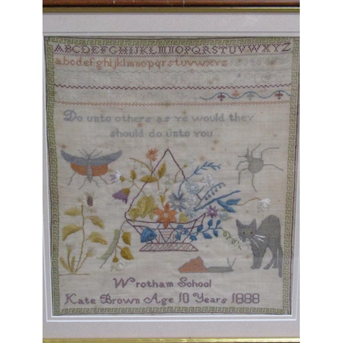 236 - A 19c needlework sampler - Alphabetical with verse, worked with a central basket of flowers together... 