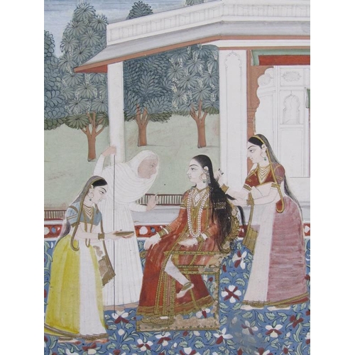 264 - Indian early 19c - Maids dressing a Princess Hyderabad 1800, watercolour, framed 22cm x 15cm.