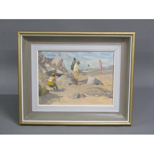 301 - Alan Stenhouse Gourley 1909/1991 - Figures on a rocky beach, signed oil on board, framed, 25cm x 34c... 