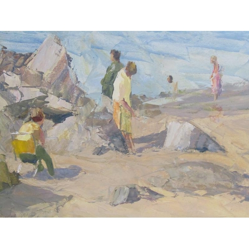 301 - Alan Stenhouse Gourley 1909/1991 - Figures on a rocky beach, signed oil on board, framed, 25cm x 34c... 