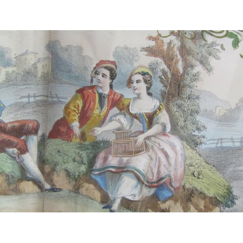 57 - An early 19c fan, the leaf hand painted with courting couples seated in landscapes amongst gilt high... 