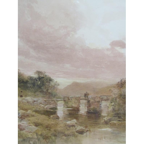 253 - Paul Jacob Naftel 1885 - Two figures on a bridge over a river in a Highland setting, signed and date... 