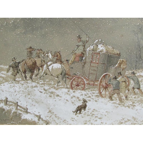 254 - In the manner of J F Herring - The London to York Stage Coach halted in the snow, signed JF Herring,... 