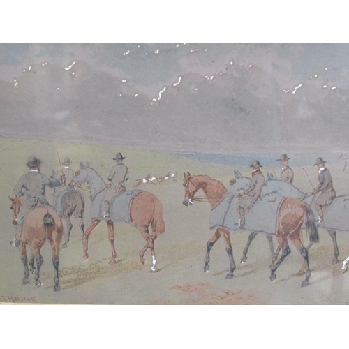 255 - In the manner of J F Herring - A wager horse race, signed, watercolour, framed and glazed, 20cm x 30... 