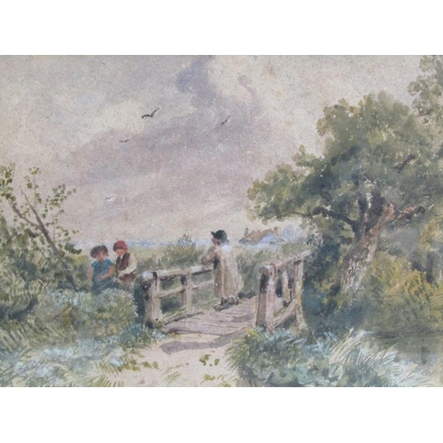 258 - James Price - Figure on a woodland bridge in conversation with two others fishing, signed watercolou... 