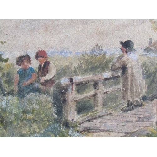 258 - James Price - Figure on a woodland bridge in conversation with two others fishing, signed watercolou... 