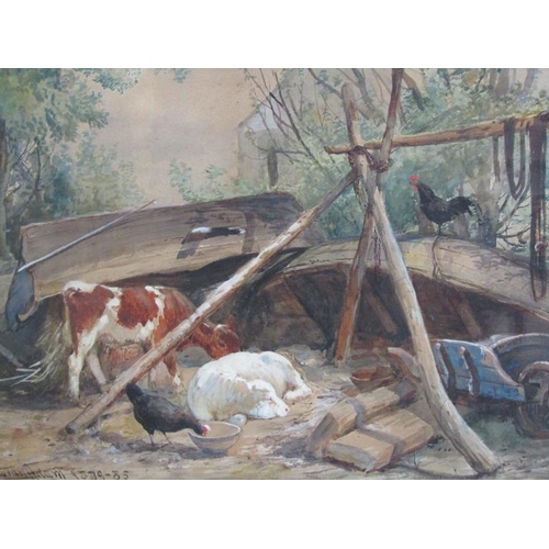 265 - Joseph Denovan Adam 1879 - A corner of the farmyard with two calves, chickens, up turned boat and a ... 