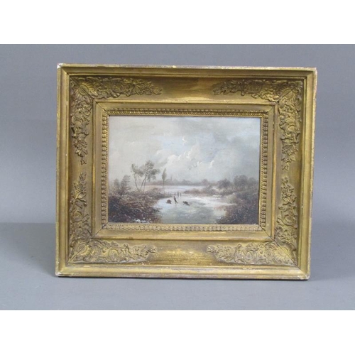 277 - JMS 1839 - English winter scene with skaters on frozen water, signed in mono, oil on canvas, framed,... 